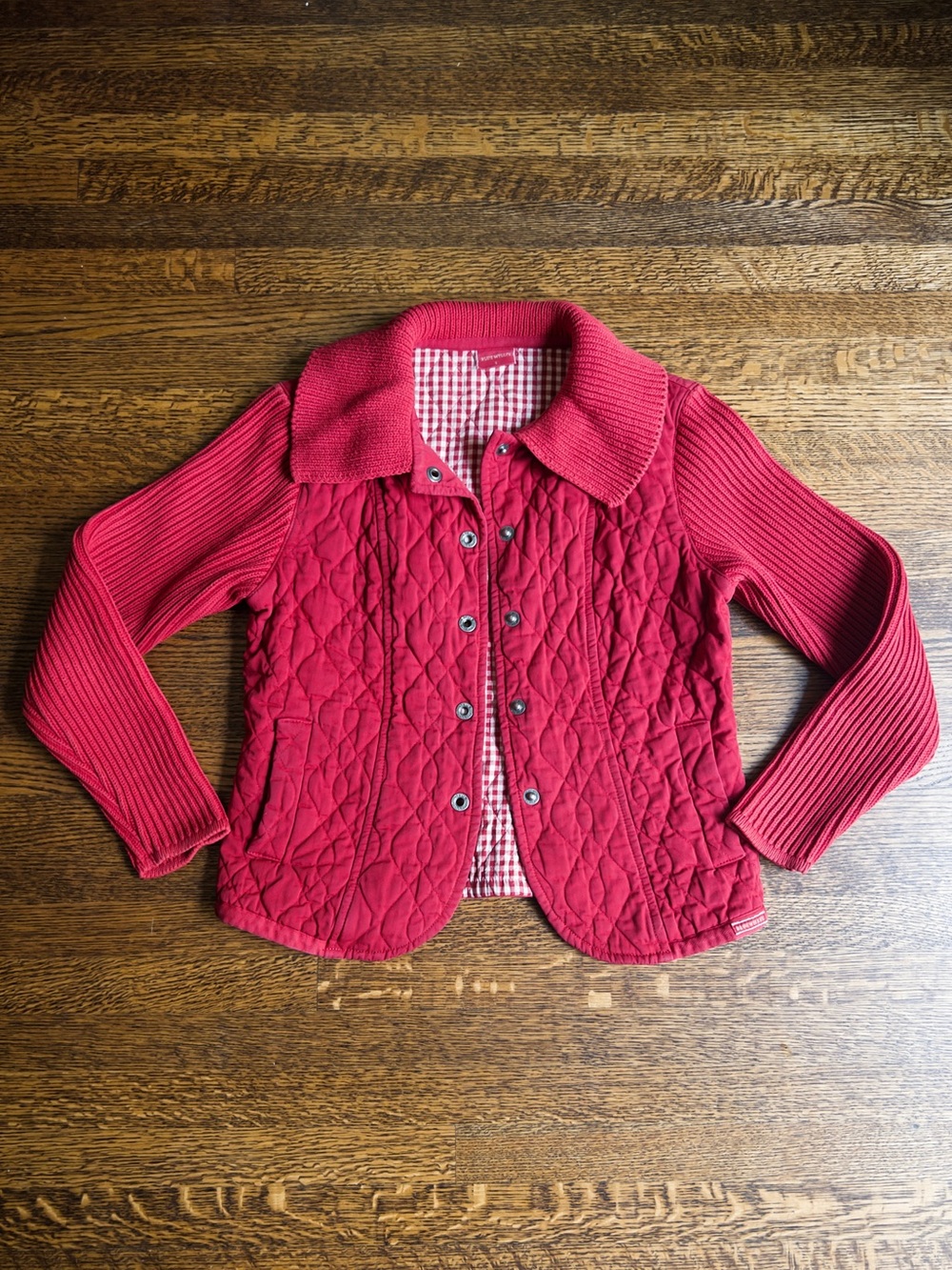 Quilted Picnic Jacket, Red Gingham Cotton Cardigan with Snap Buttons
